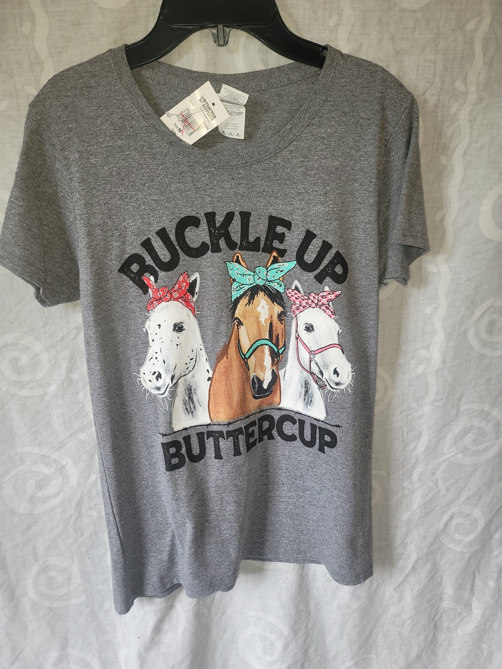Womens Gray 'Buckle Up Buttercup' Horse Graphic Tee